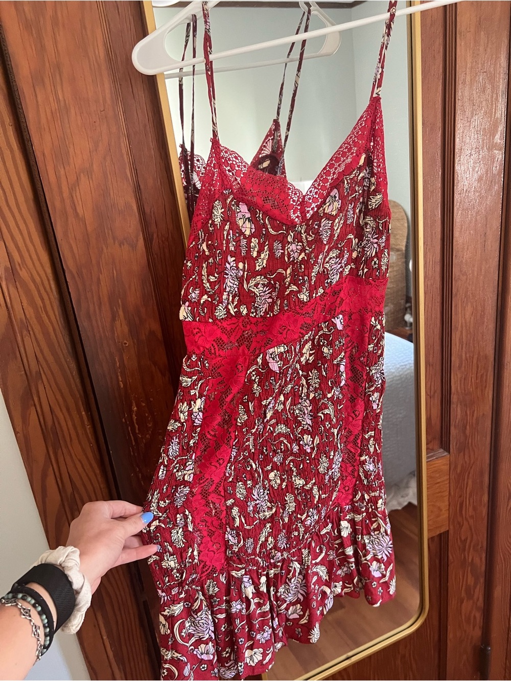 Free People Red Floral Lace-Trim Dress